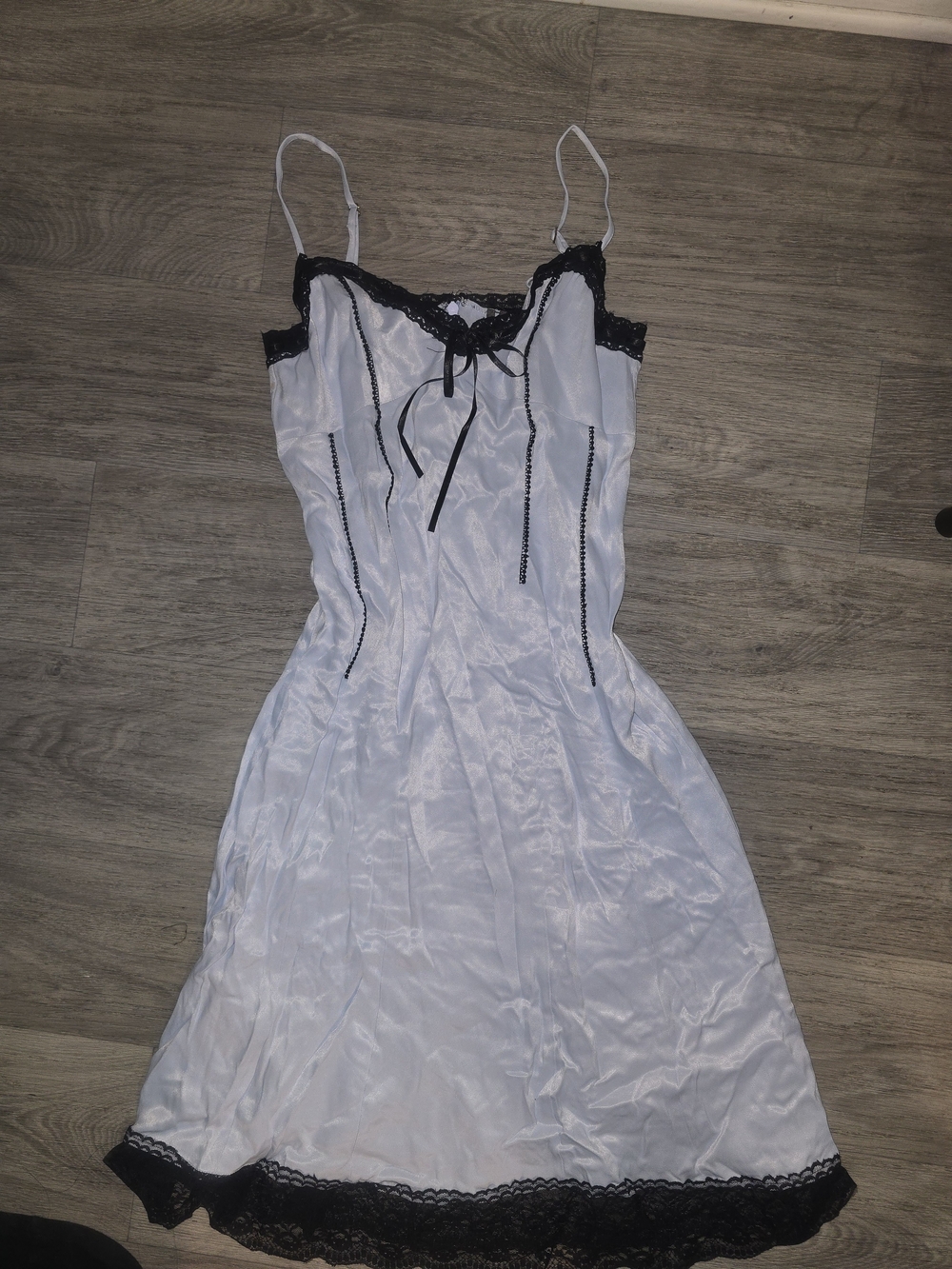 Anthropologie Pale Blue Midi Slip Dress with Black Lace Trim